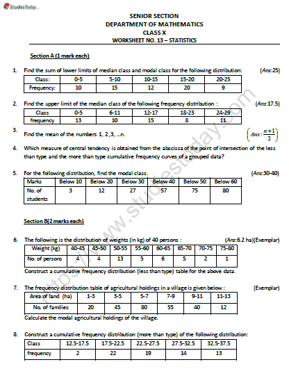 CBSE Class 10 Mathematics Statistics Worksheet Set B